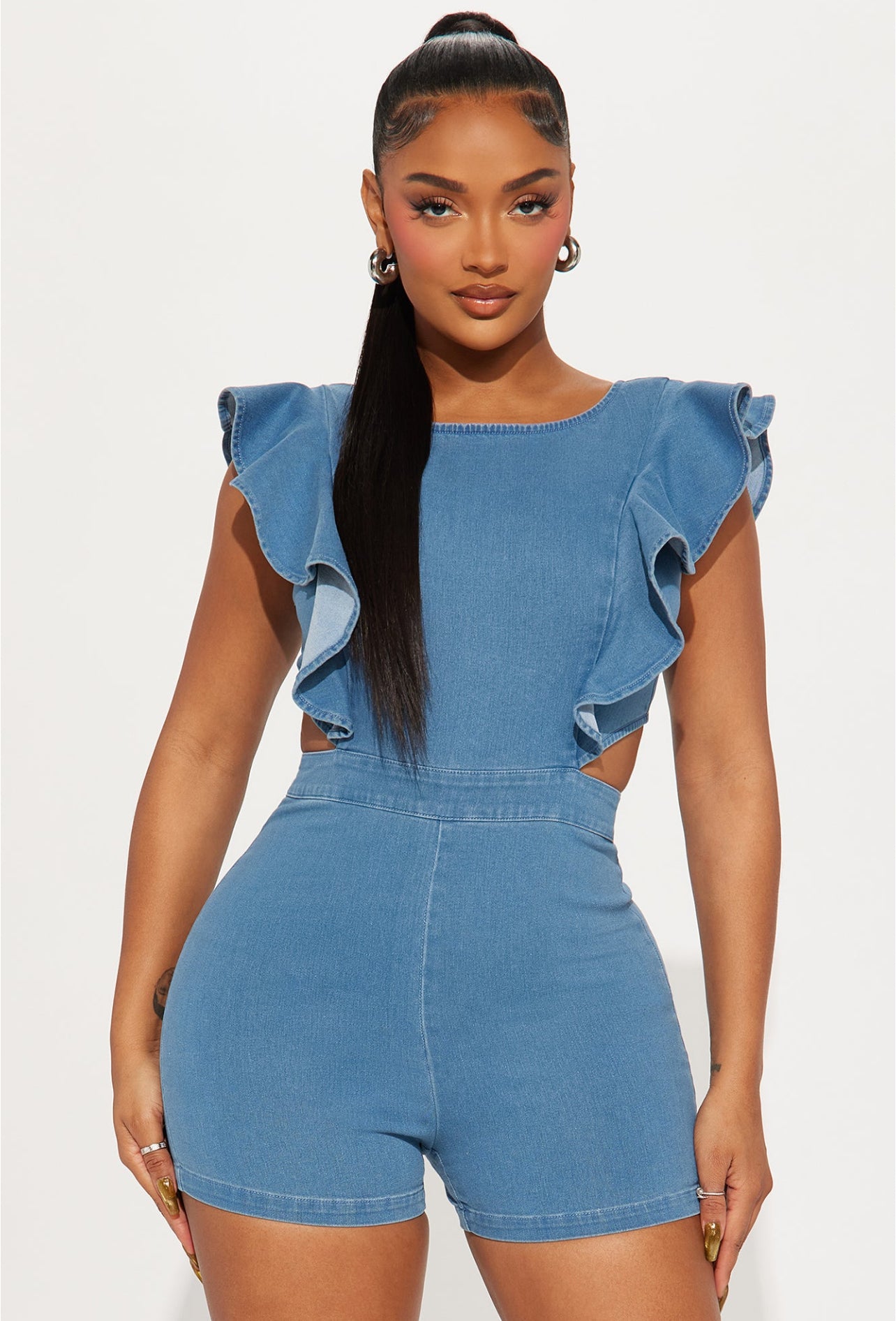 Denim Romper-White & Bleu