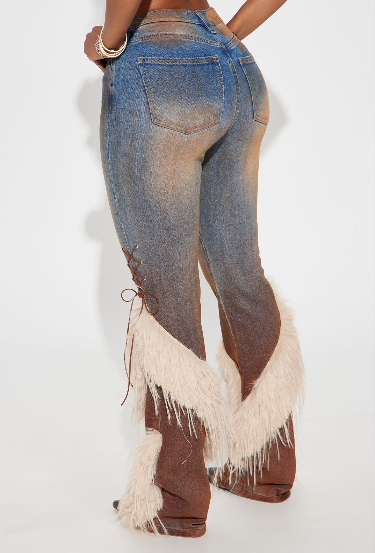 Mood Lace Up Faux Fur Bootcut Jeans-Medium Wash
