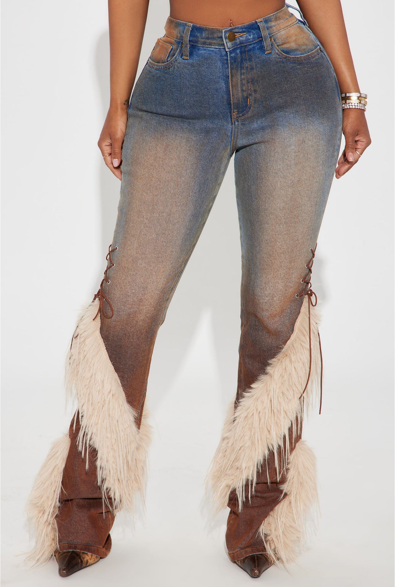 Mood Lace Up Faux Fur Bootcut Jeans-Medium Wash