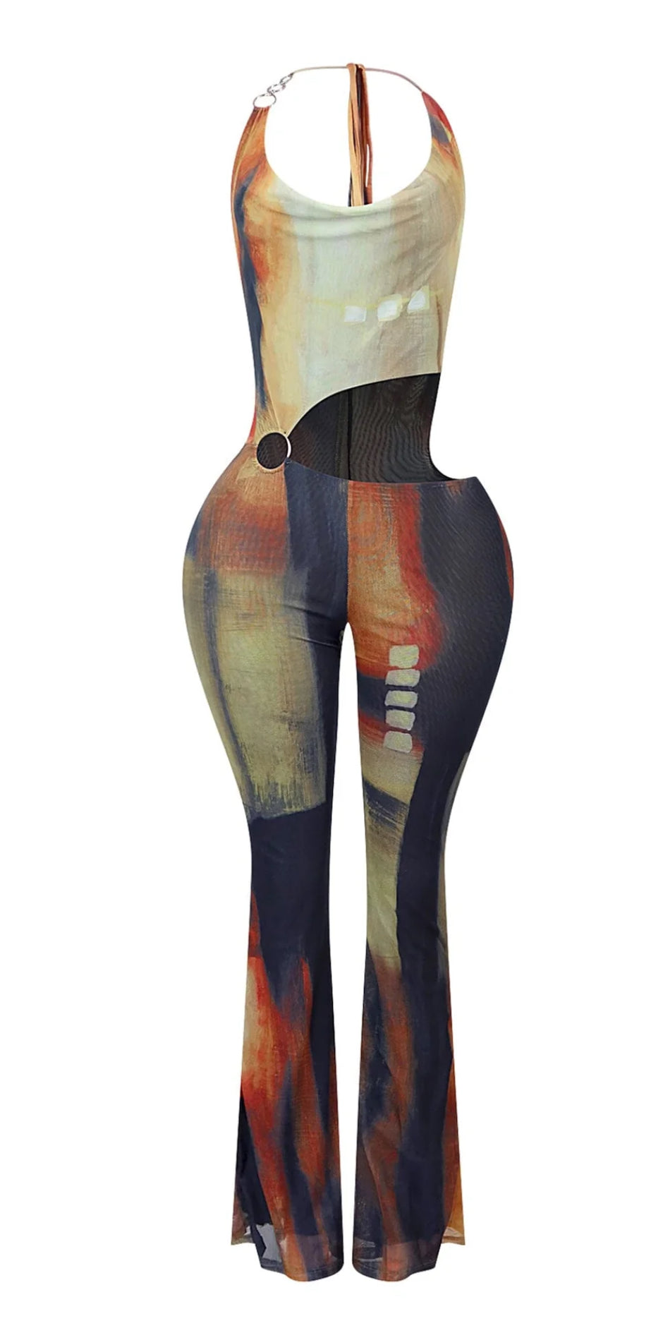 Good 4 U Print Mesh Cowl Neck Jumpsuit