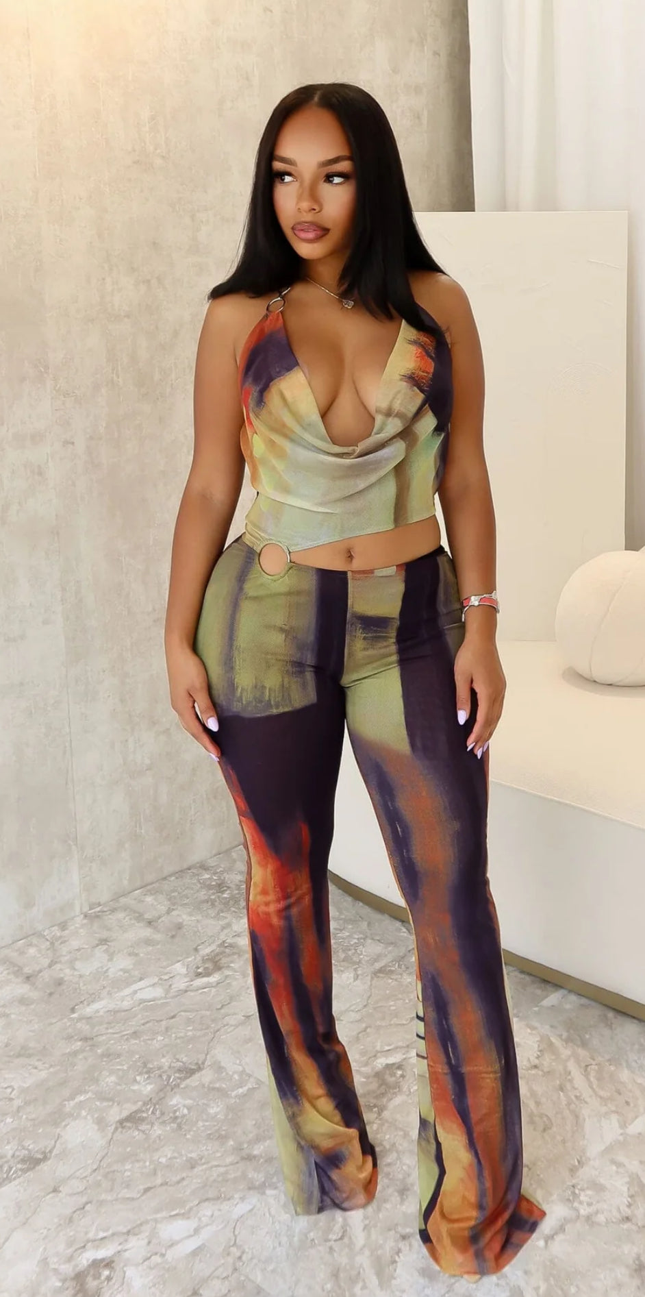 Good 4 U Print Mesh Cowl Neck Jumpsuit