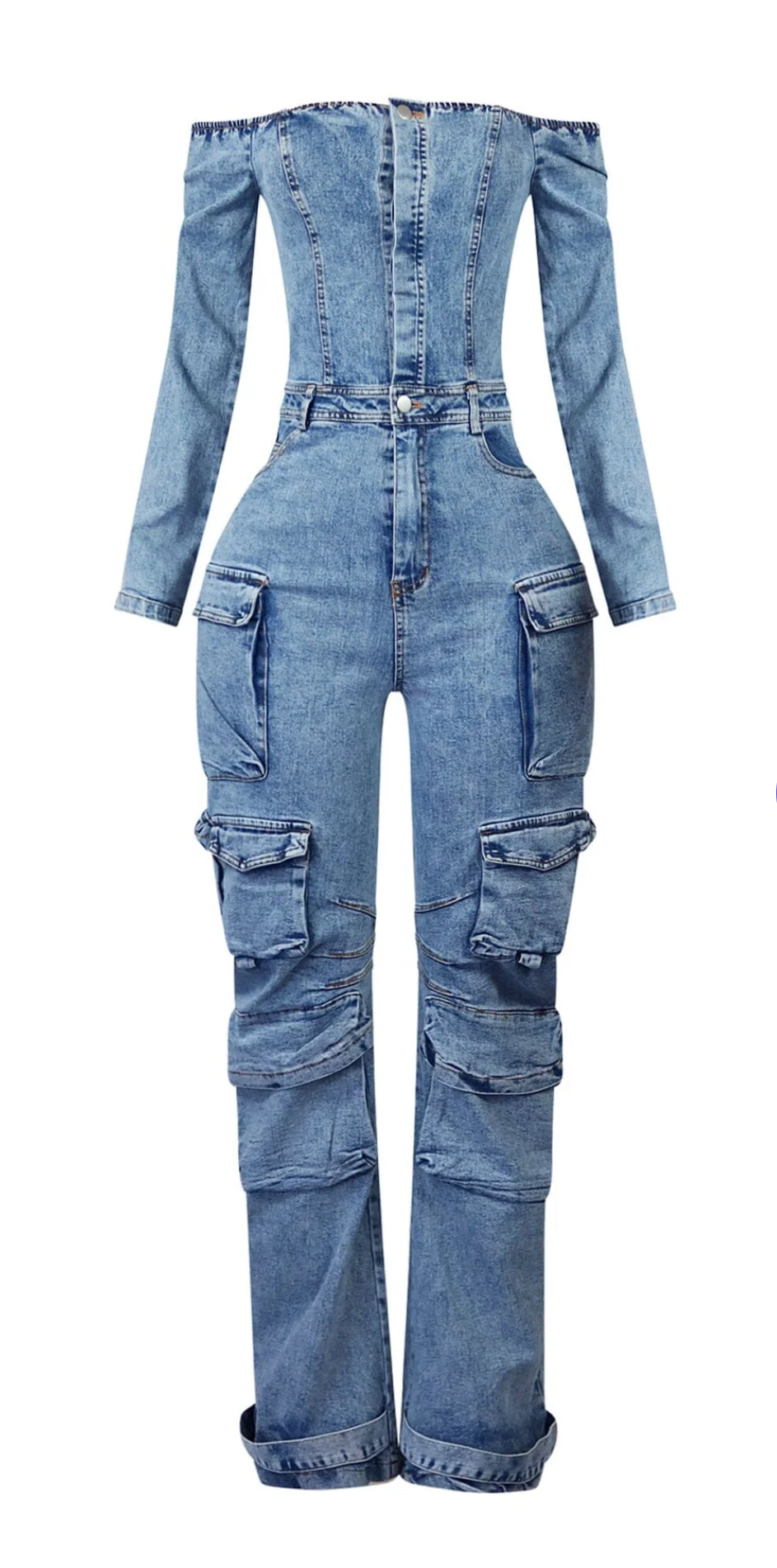 Carla Denim Off Shoulder Cargo Jumpsuit