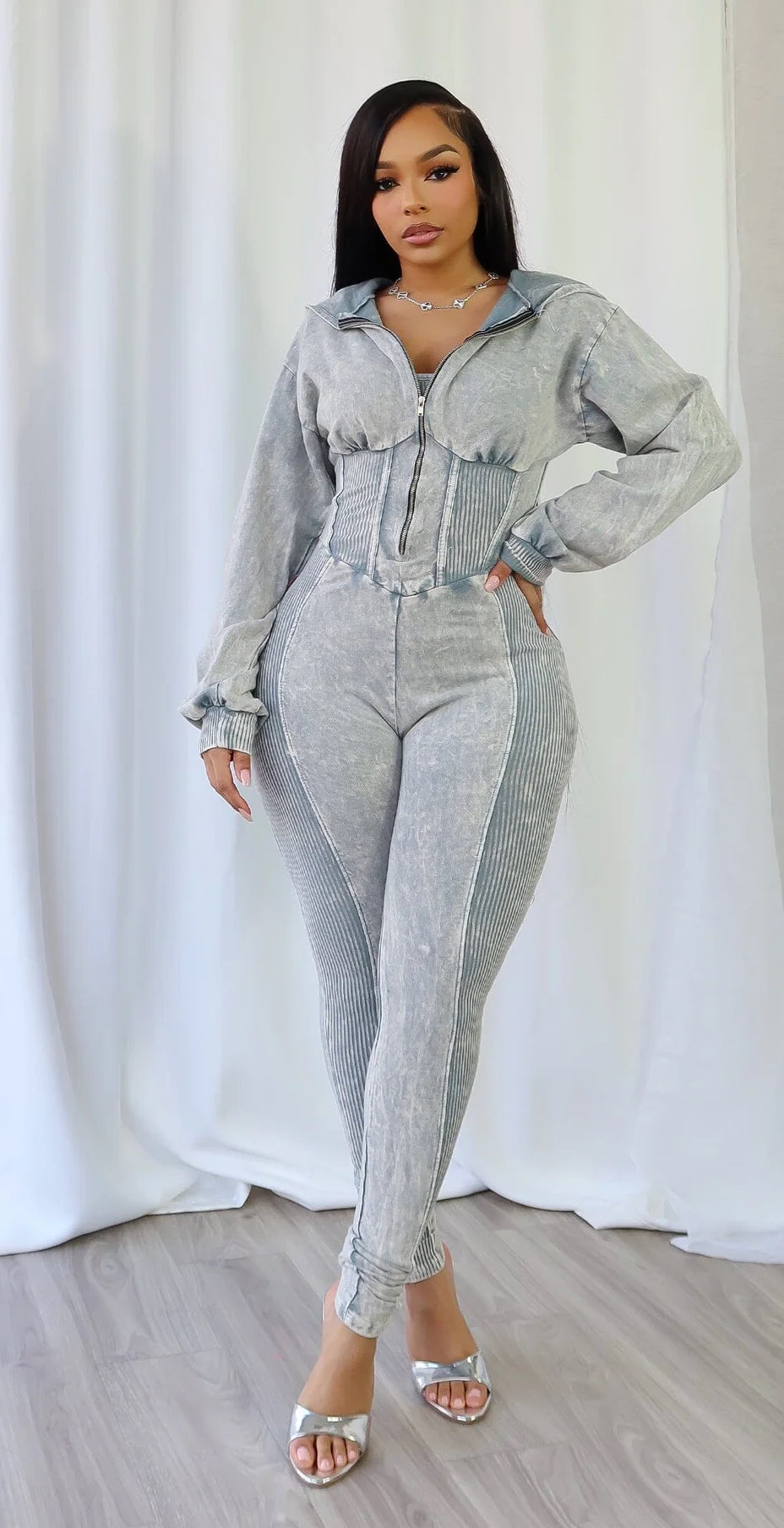Yvia Mineral Washed Zipper Jumpsuit