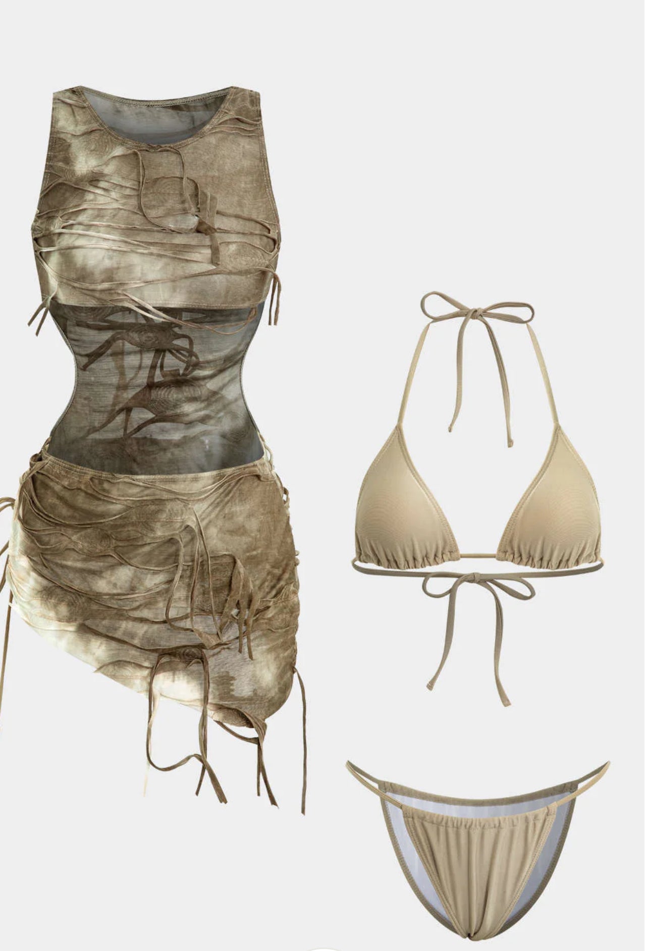 Halter Halter Bikini And Tie Dye Cover Up Sarong 3-pcs Set