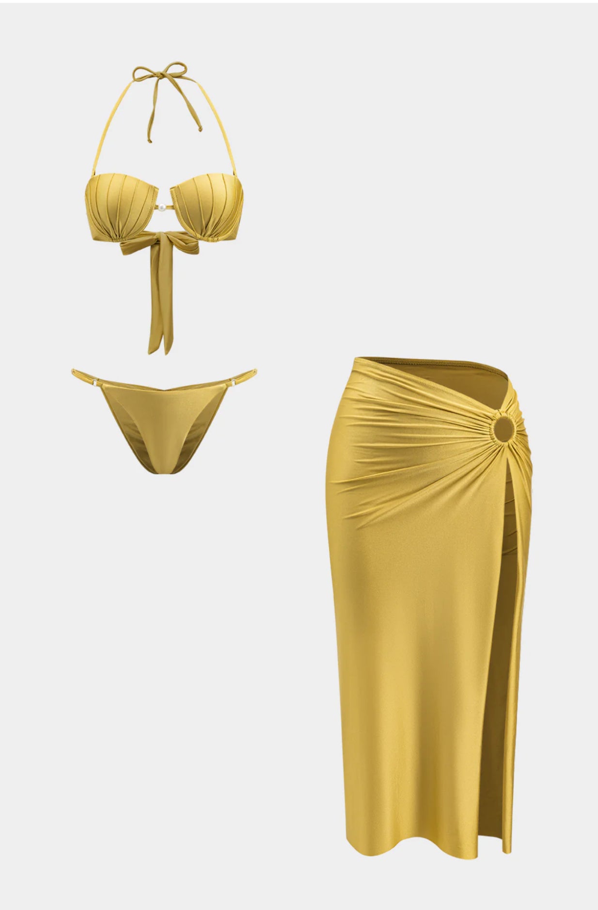 Ruched Backless Tie Up Two-Piece Bikini And Cut Out Slit Cover Up Set