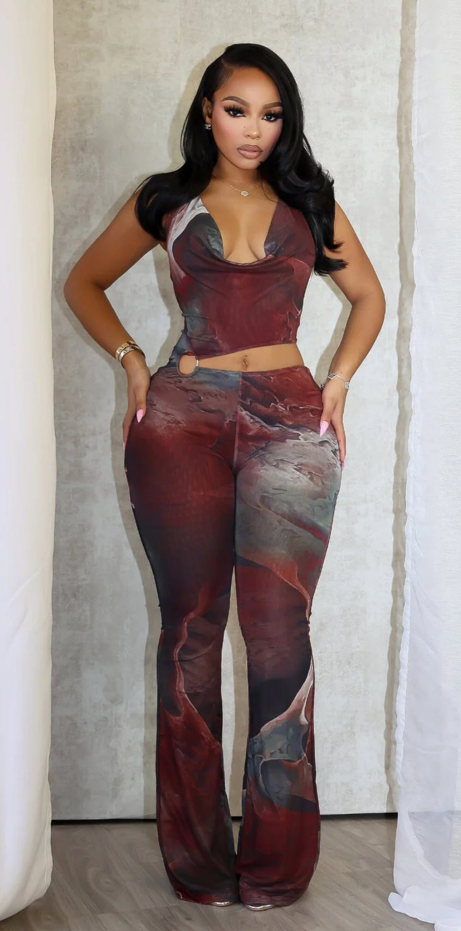 Amarie Mesh Print Cutout Halter Jumpsuit