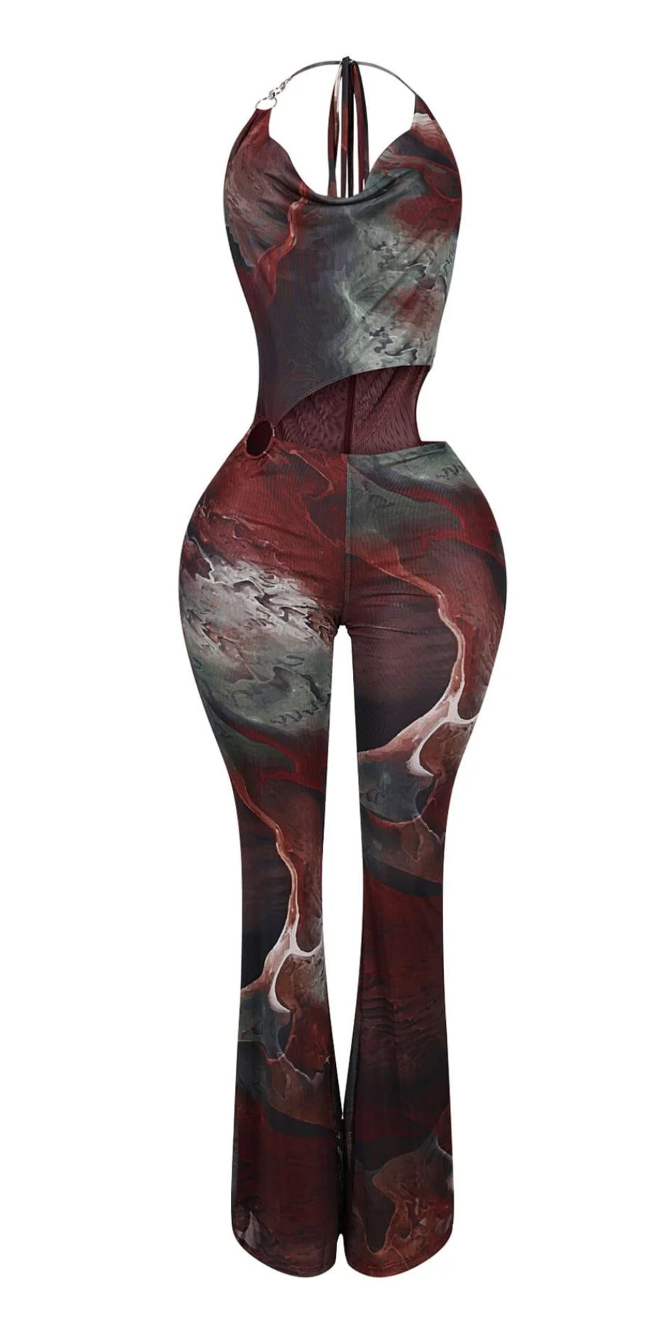 Amarie Mesh Print Cutout Halter Jumpsuit