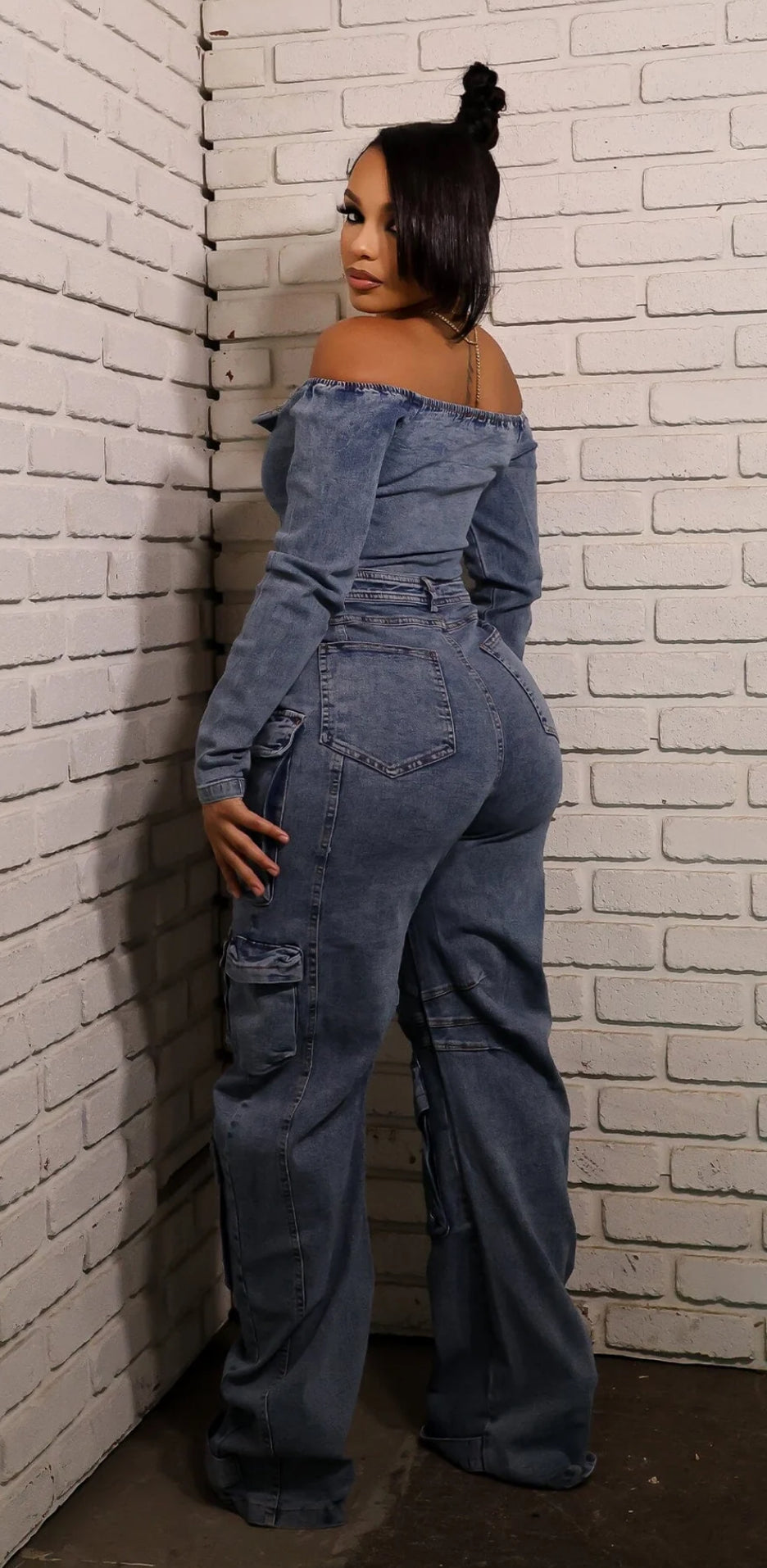 Carla Denim Off Shoulder Cargo Jumpsuit