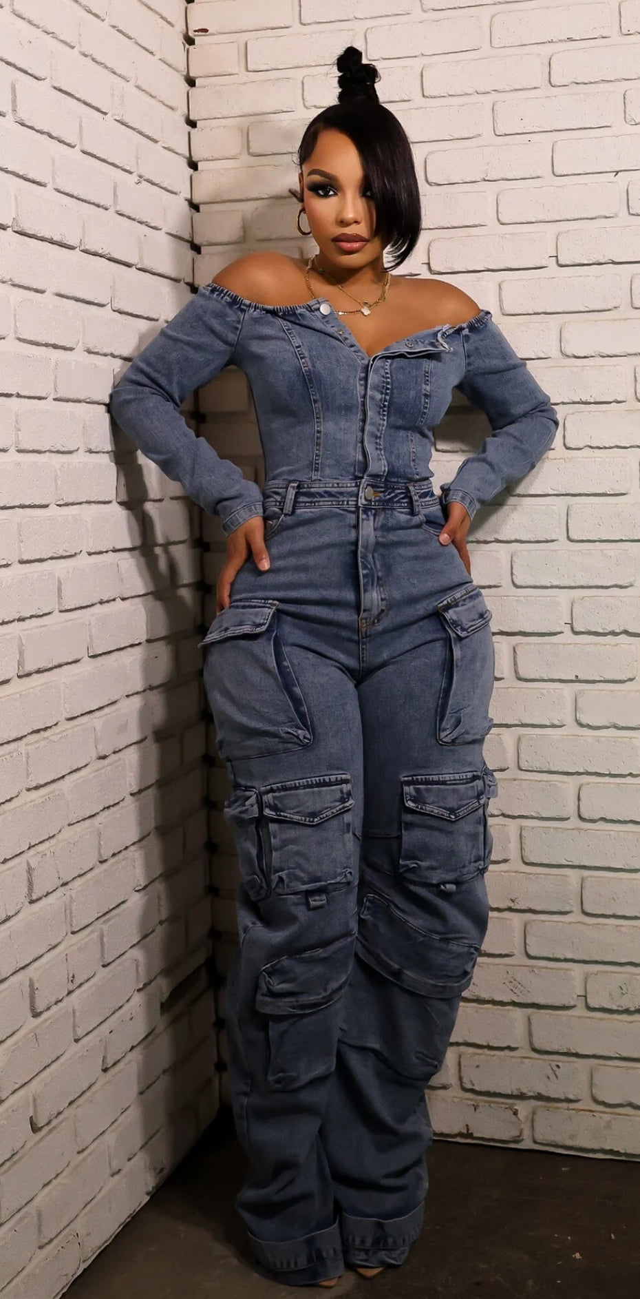 Carla Denim Off Shoulder Cargo Jumpsuit