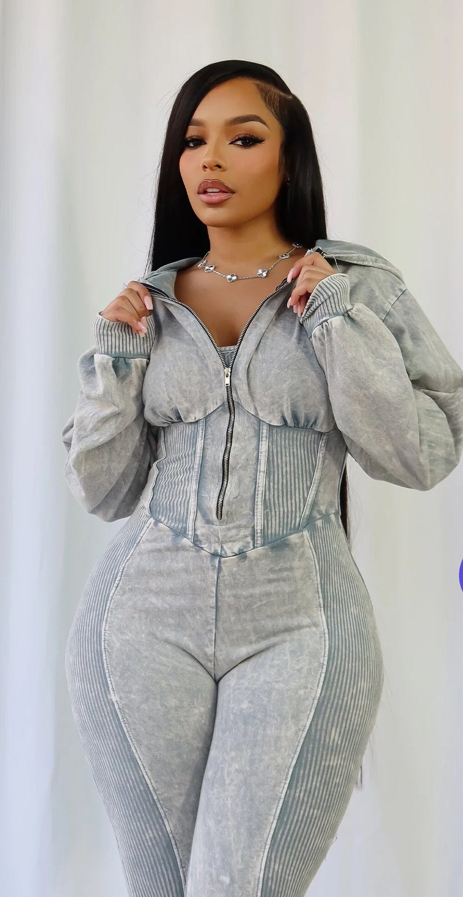 Yvia Mineral Washed Zipper Jumpsuit