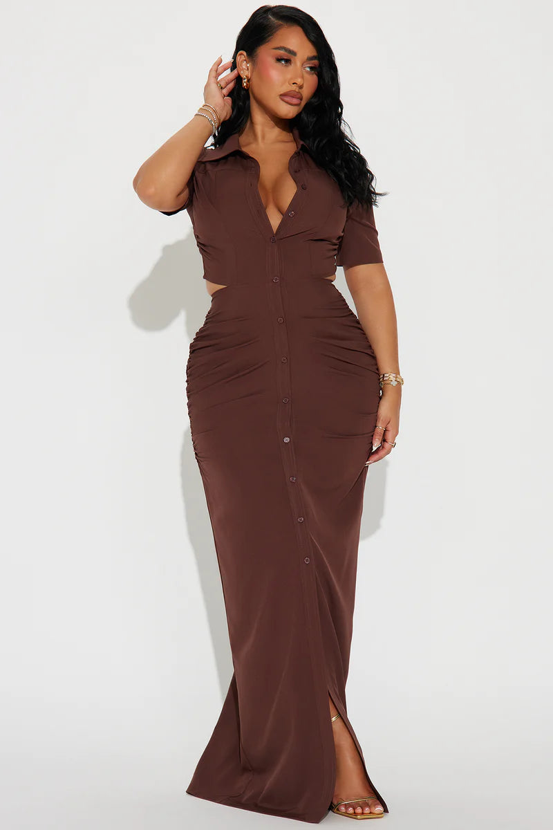 Jennifer Collared Maxi Dress - Chocolate