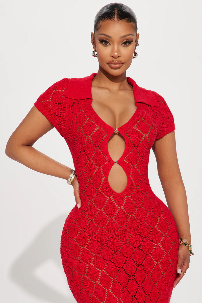Dream Vacation Crochet Maxi Dress - Red