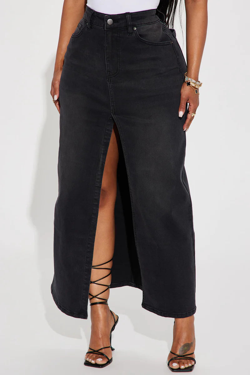 Nicole Denim Maxi Skirt - Black