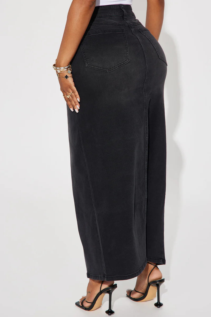 Nicole Denim Maxi Skirt - Black