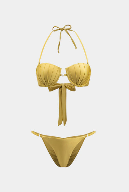Ruched Backless Tie Up Two-Piece Bikini And Cut Out Slit Cover Up Set