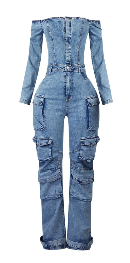 Carla Denim Off Shoulder Cargo Jumpsuit