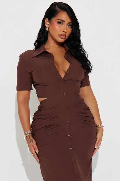 Jennifer Collared Maxi Dress - Chocolate